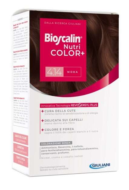 BIOSCALIN NUTRICOLOR PLUS 4,14 MOKA CREMA COLORANTE 40 ML + RIVELATORE CREMA 60 ML + SHAMPOO 12 ML + TRATTAMENTO FINALE BALSAMO 12 ML