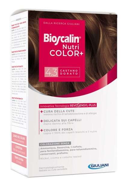 BIOSCALIN NUTRICOLOR PLUS 4,3 CASTANO DORATO CREMA COLORANTE 40 ML + RIVELATORE CREMA 60 ML + SHAMPOO 12 ML + TRATTAMENTO FINALE BALSAMO 12 ML